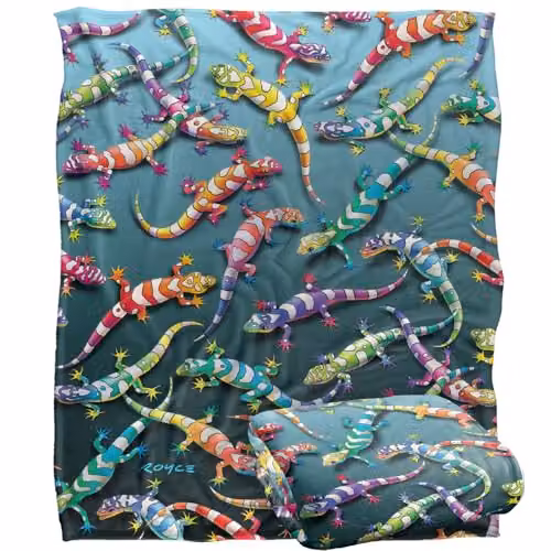 JQ Licensing Royce Mcclure Rainbow Geckos Pattern Super Soft Fleece Throw Blanket, Multicolour and White, W/D/H: 152 x 127 cm – 1