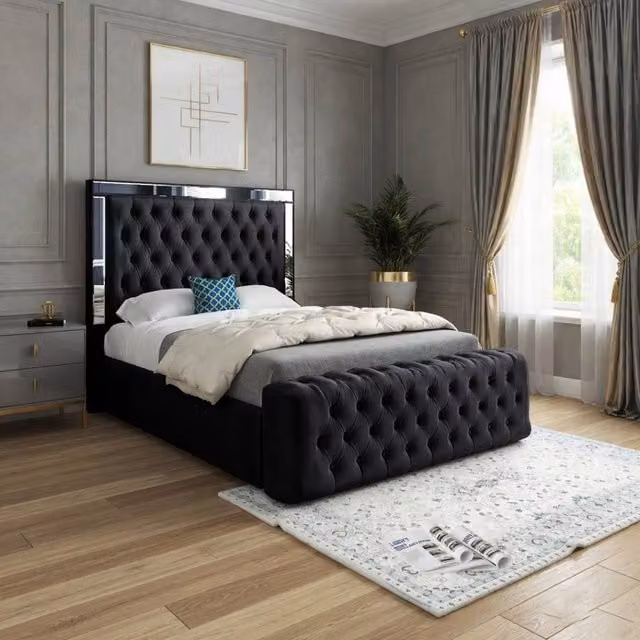 KDMD Wimborne Small Single Mirror Upholstered Designer Bed Frame in Black Soft Velvet with Silver Details – 1