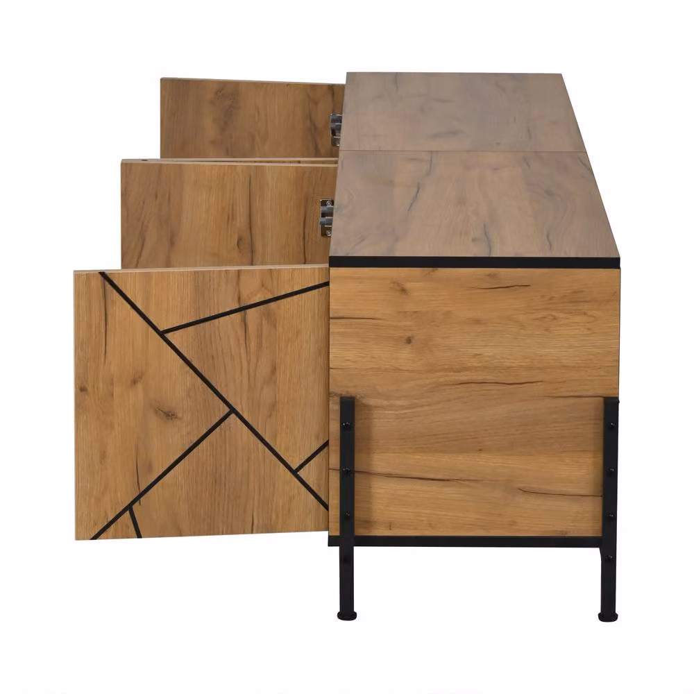 Merax Industrial Style Rustic Oak Effect TV Lowboard with 4 Doors and Black Metal Frame, W/D/H: 153 x 40 x 50 cm – 3