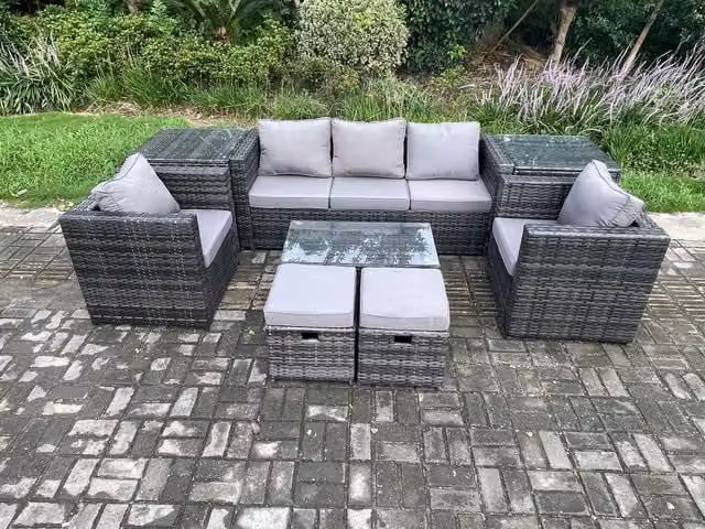 Fimous Outdoor Rattan Garden Furniture Set in Dark Grey with 3 Seater Sofa, Coffee Table, 2 Side Tables, 2 Armchairs and 2 Footstools