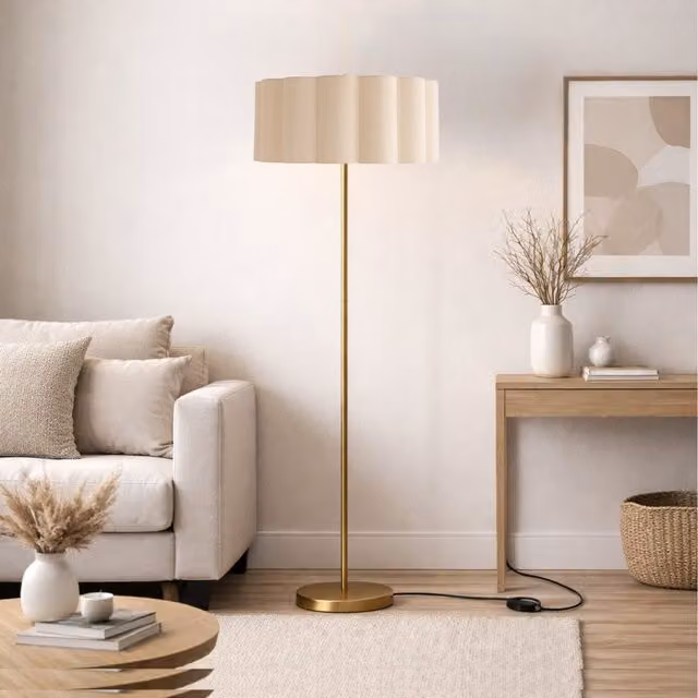 CGC Lena Brushed Gold Straight Floor Lamp with Large Scalloped Cream Fabric Lampshade, Height: 163 cm, Width: 48 cm
