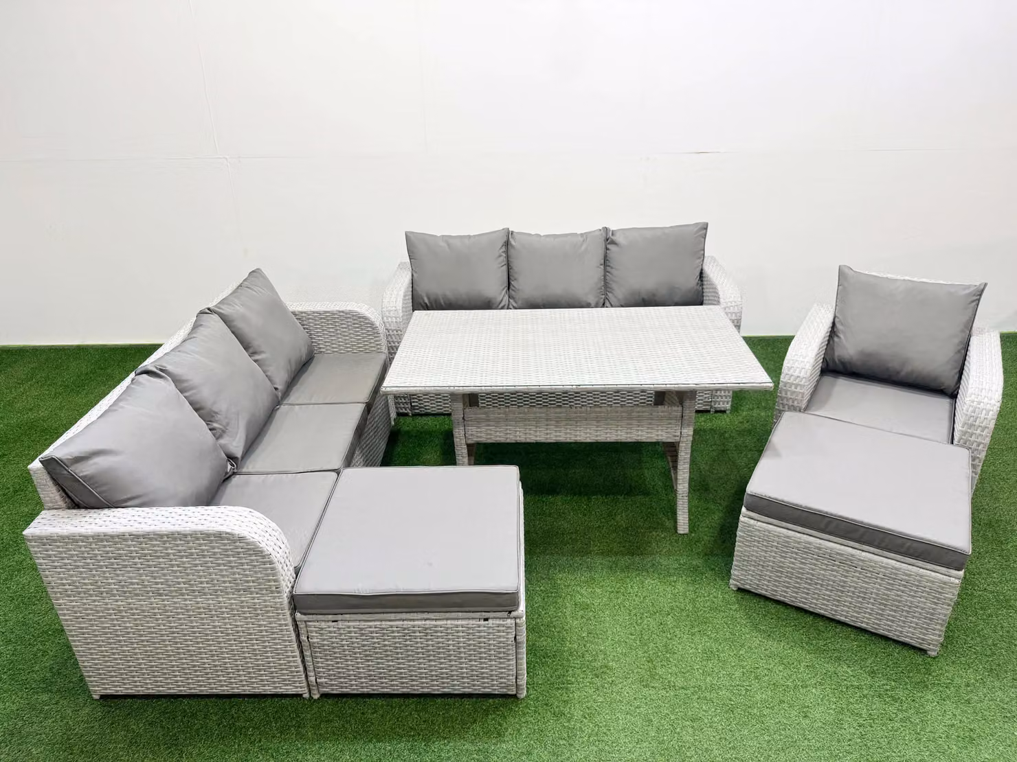 Fimous 9 Seater Poly Rattan Outdoor Garden Furniture Set in Grey with Rectangular Glass Dining Table, Two 3 Seater Sofas and Reclining Chairs