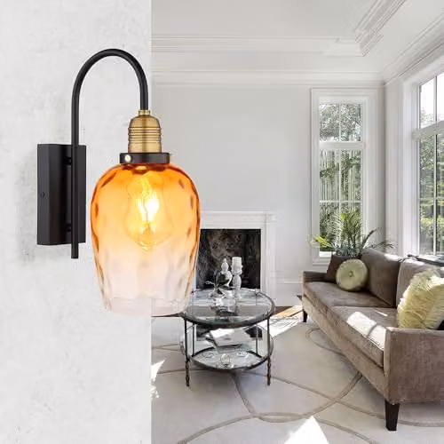 Globo Lighting Amber Glass and Brass Industrial Wall Lamp for Hallways and Bedrooms, Height: 35 cm – 4