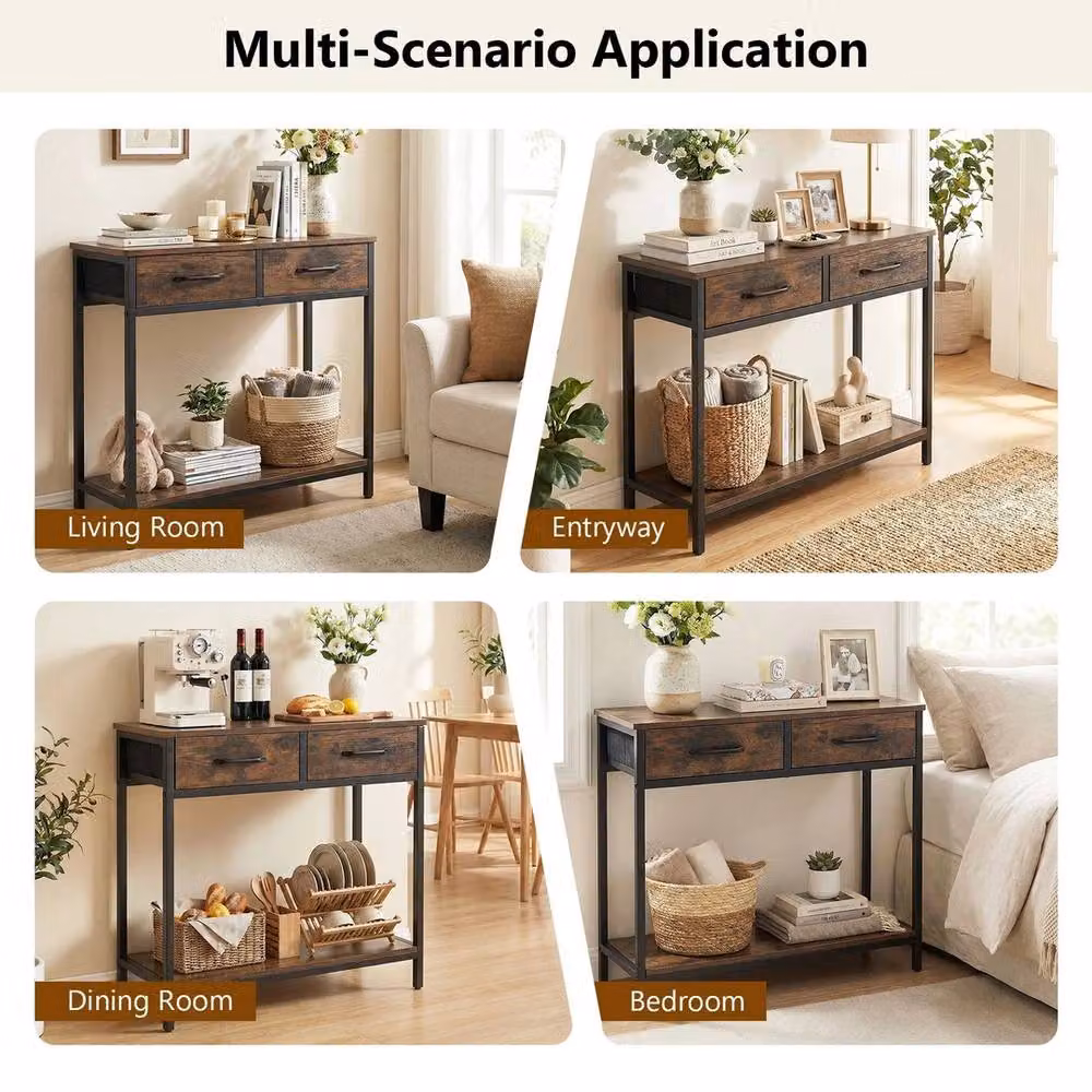 VOGREX Modern Small Entryway Table with 2 Fabric Drawers and Open Compartment in Brown and Black – 4