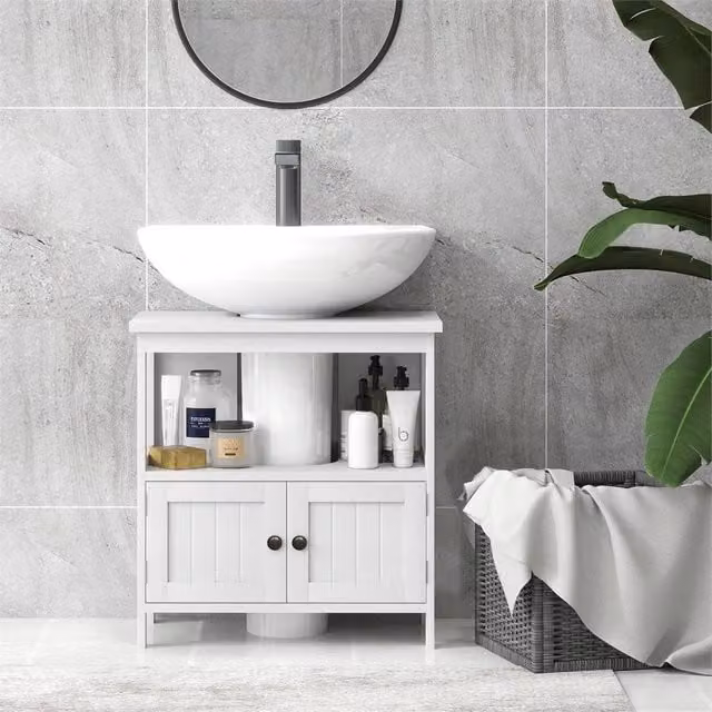 EONLION White Modern Bathroom Storage Organizer Unit with Hinged Doors and Internal Shelves – 1