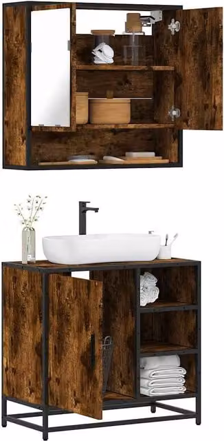 Berkfield Home 2 Piece Industrial Bathroom Furniture Set in Smoked Oak Brown, featuring a Wall-Mounted Vanity Unit and Mirror Cabinet – 1