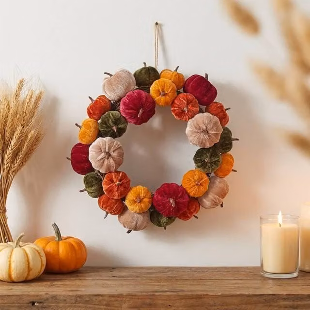 Garden Greatness Autumnal Plush Pumpkin Decorative Wreath in Multicolour, Diameter: 40 cm