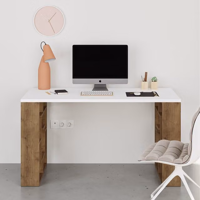 Decortie Labirent Modern Computer Desk with Bookshelf Legs in White and Brown