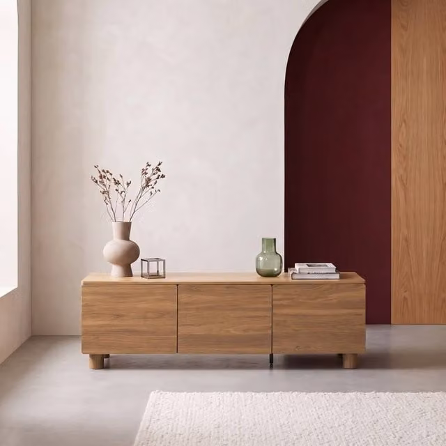 sweeek Minimalist Brown Wood and Metal TV Stand with 3 Doors, W/D/H: 140 x 40 x 53 cm – 1