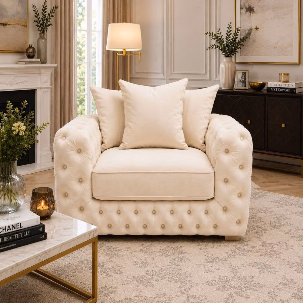 Stratus Interiors Ashley Chesterfield Fabric 2 and 3 Seater Sofa Set in Cream – 2