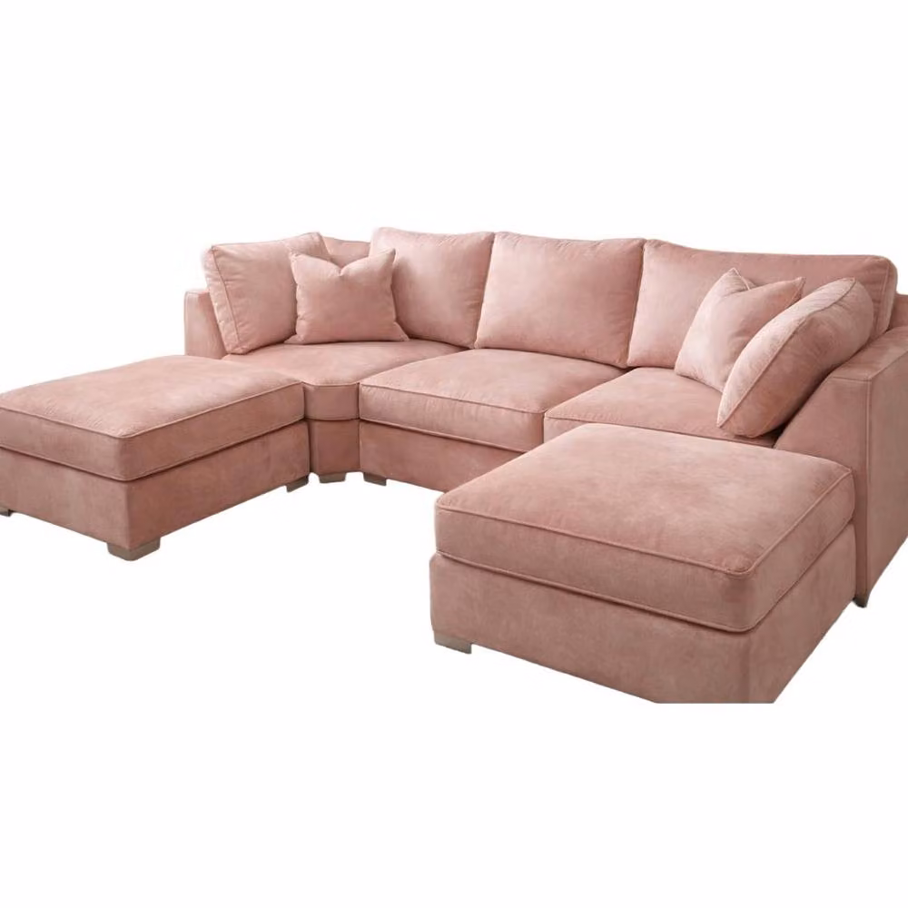 Home & Love Bishop U Shape Cinema Corner Sofa in Plush Pink Velvet with Matching Ottoman and Scatter Cushions – 2
