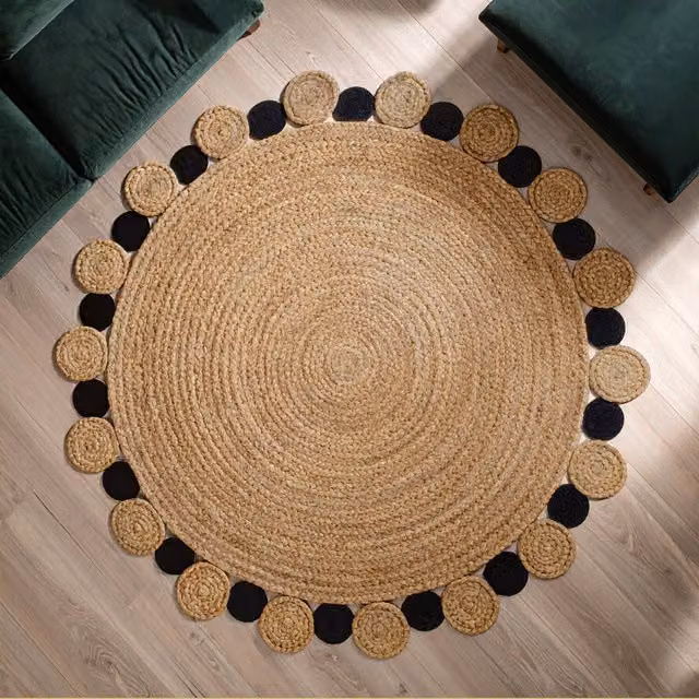 Premier Housewares Round Woven Jute Rug in Black and Multicolour, W: 152 cm, D: 152 cm, H: 1 cm – 2
