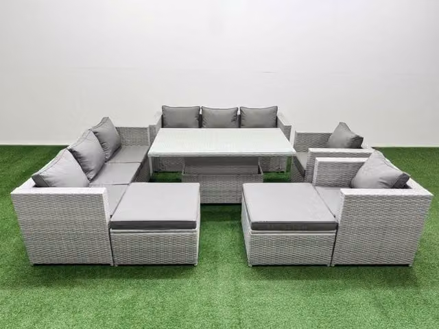 Fimous 7 Piece Rattan Dining Set with 3 Seater Sofa and Rising Table in Light Grey
