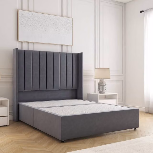 BSSPOKE Hannah King Size Divan Bed with 54 inch Plush Velvet Headboard in Charcoal Grey
