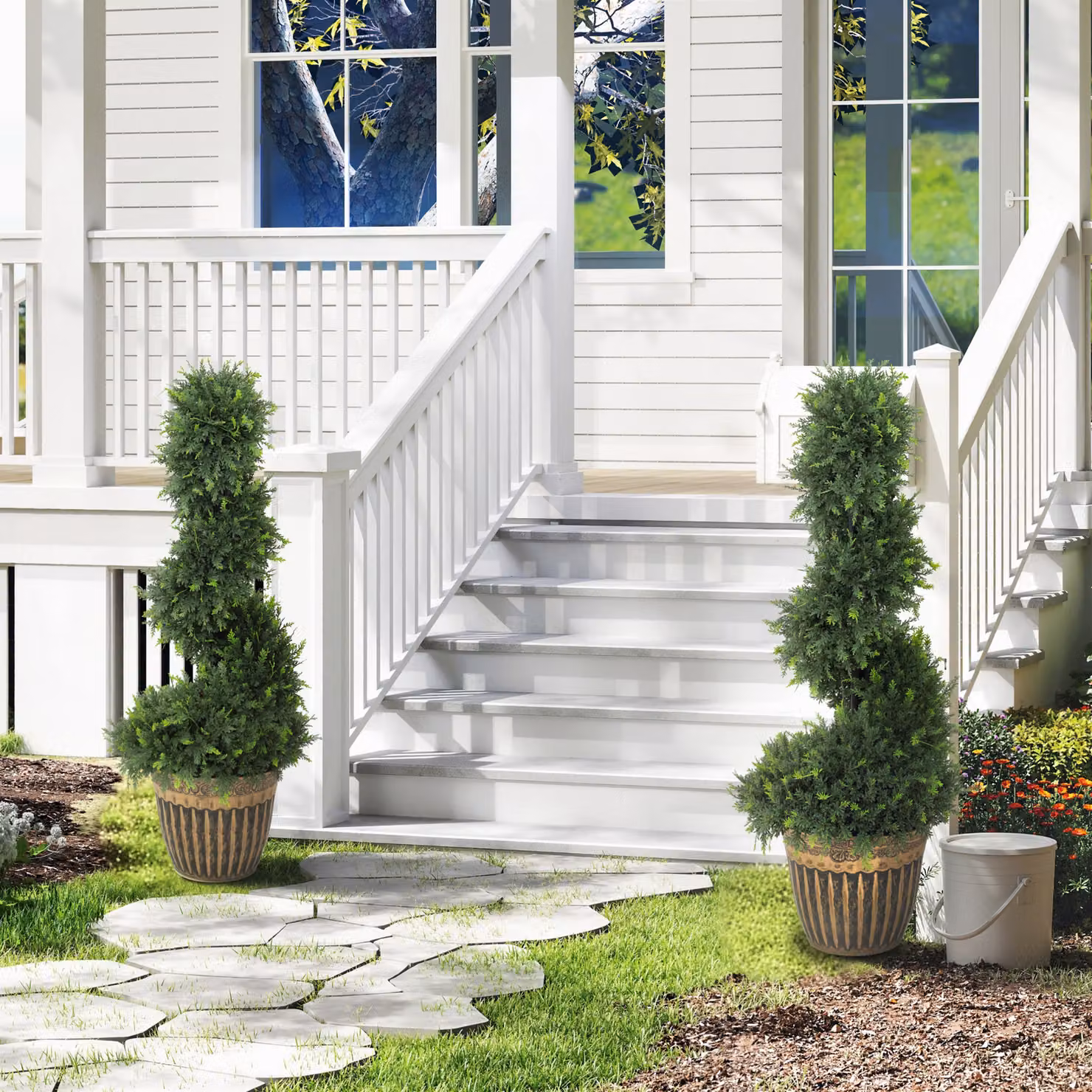 HOMCOM Set of 2 Green Artificial Topiary Spiral Boxwood Cypress Trees with Pots, Height: 90 cm – 7