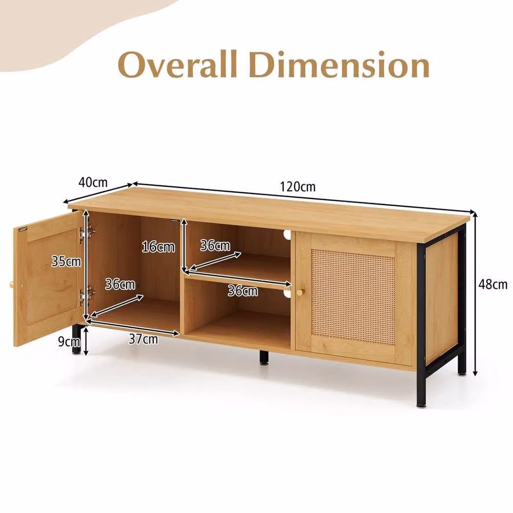 VOGREX Mid Century Rattan TV Stand in Beige with Open Media Compartments for TVs up to 55 Inch – 2