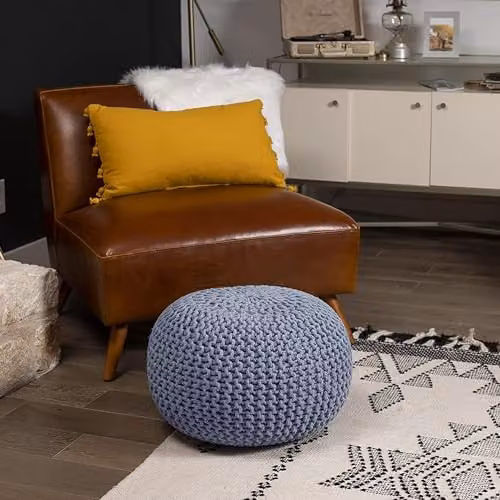 Home Sweet Home UK Snug City Silver Chunky Knitted Round Cotton Pouffe Ottoman W/D/H: 50 x 50 x 30 cm – 5