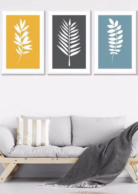 ARTZE Boho Botanical Graphical Leaves Framed Wall Art in White, Yellow, Grey and Blue, W: 53 cm, H: 73 cm, D: 2 cm