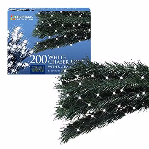 The Christmas Workshop 200 Bright White LED Chaser Fairy Lights, 13.9 Metres, with 8 Light Modes for Indoor or Outdoor Use – 1