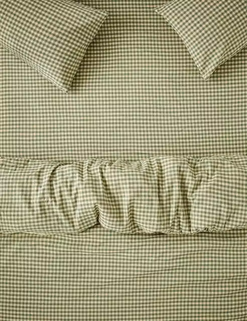 Piglet In Bed Green Gingham Linen Blend Fitted Sheet, 90 x 190 cm