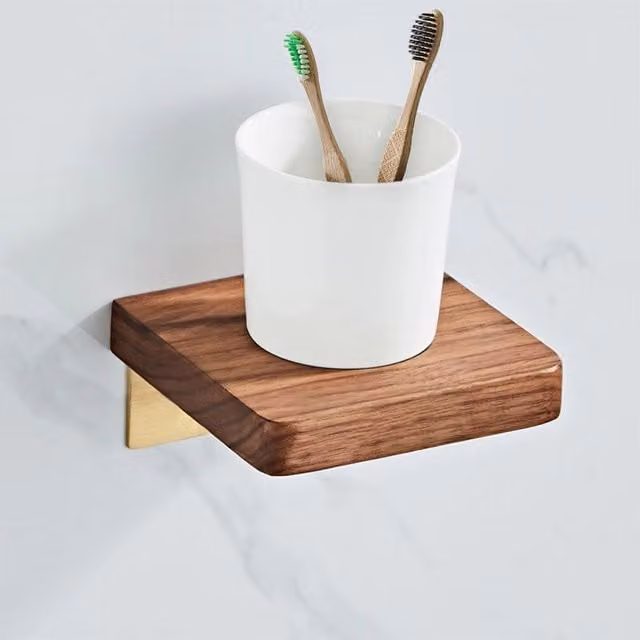 Nes Home Wall-Mounted Luxury Ceramic Toothbrush Holder with Shelf in Walnut Wood, White and Brushed Gold