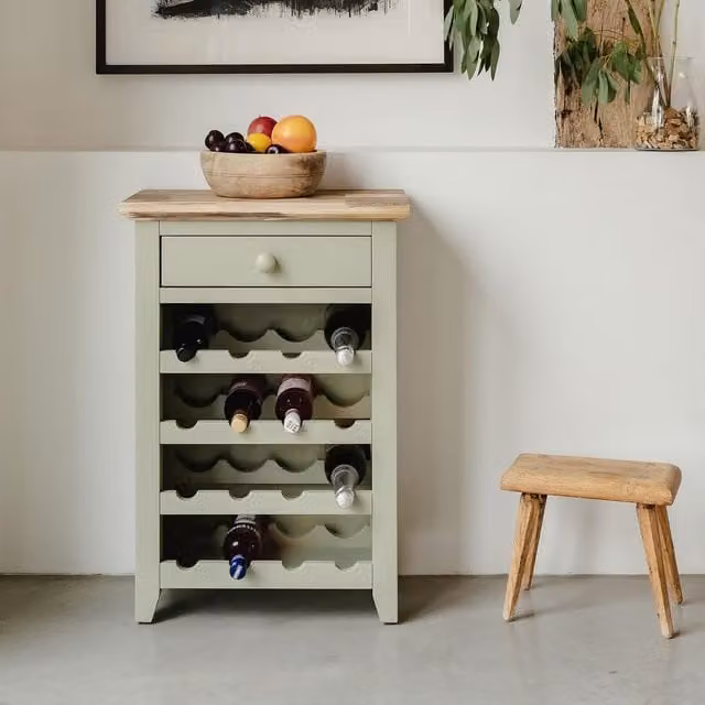Florence Wine Rack with Drawer in Sage Green Acacia Wood, W/D/H: 80 x 30 x 55 cm