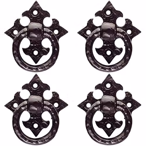 Loops 4 Pack Ornate Cabinet Ring Pull on Cross Backplate in Black Antique Matt, 35mm Fixing Centres