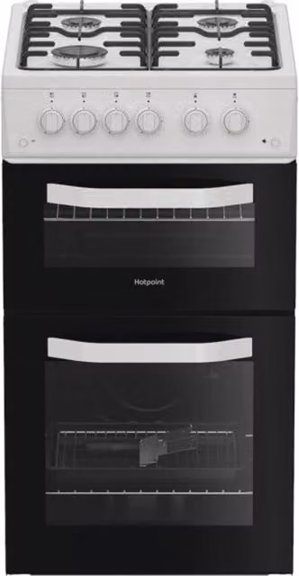 Hotpoint HTG5GCW White Twin Cavity Freestanding Gas Cooker with 59L Capacity and A+ Energy Rating – 1