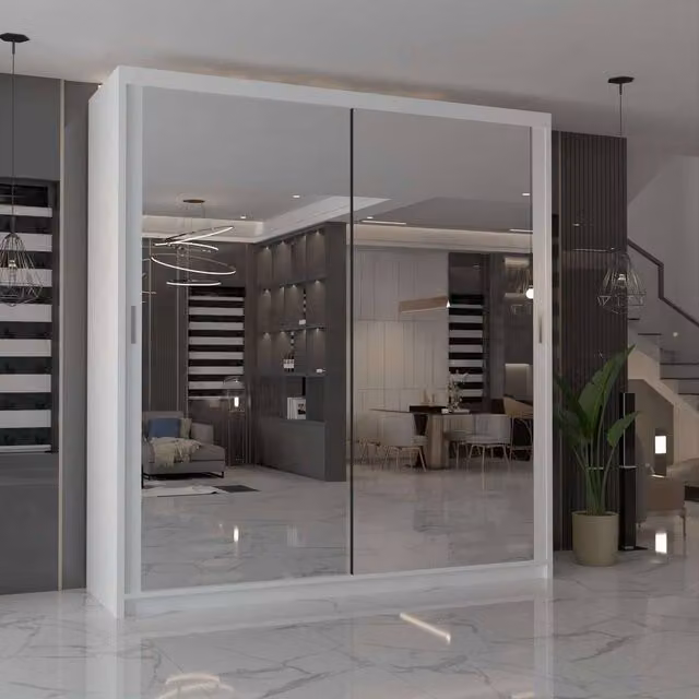 MN Furniture Cuba Sliding Mirror Wardrobe with Integrated LED Lighting, White, W: 203 cm, H: 217 cm