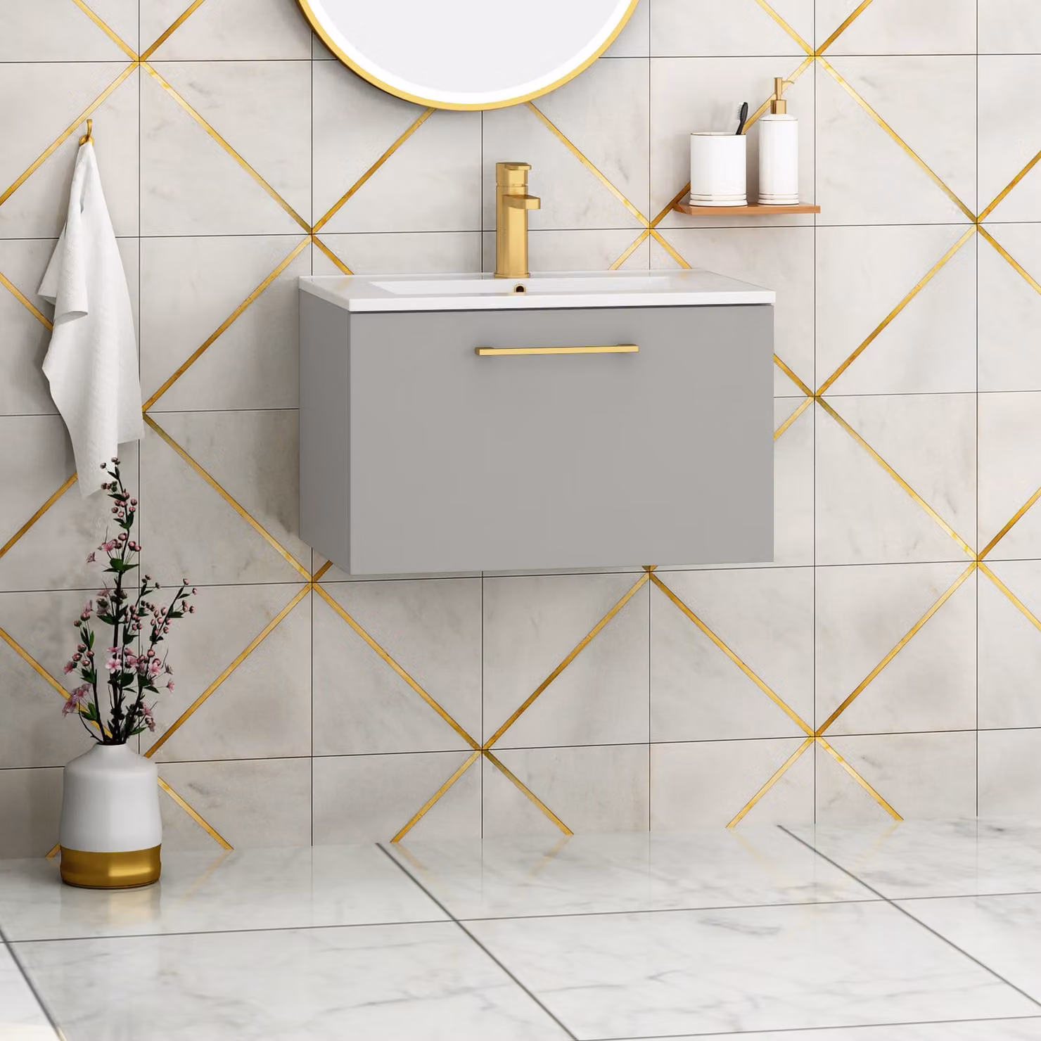 Royal Bathrooms Modena 800mm Wall Hung Vanity Unit in Satin Grey with Minimalist Basin and 1 Drawer