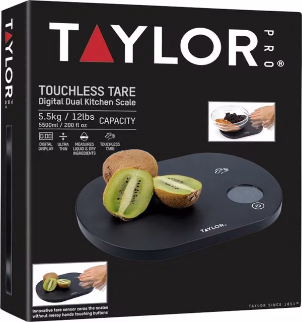Taylor Pro Touchless Tare Digital Dual Kitchen Scale with Glass Surface, Black, 5.5kg