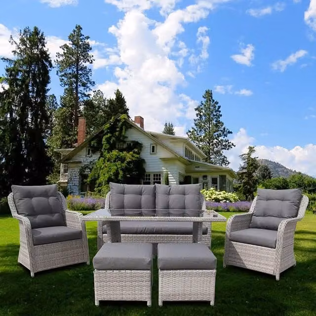 Furniture One 6 Seat Grey Rattan Garden Dining Set with Aluminium Frame and Glass Tabletop, W/D/H: 130 x 70 x 68 cm