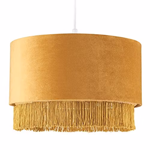 Happy Homewares Modern Yellow Velvet Drum Pendant Lamp Shade with Tassels and Embroidered Trim, W/D/H: 16 x 16 x 35 cm – 1