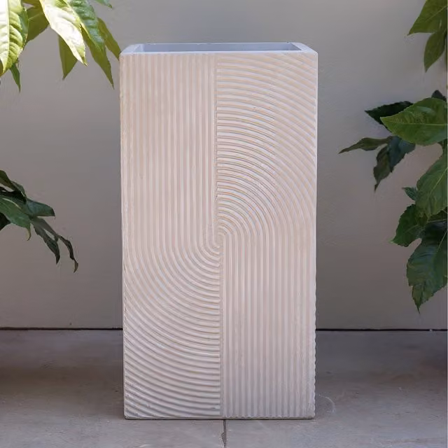 Primrose Ribbed Swirl Design Tall Square Outdoor Planter in White and Grey, Diameter: 35.5 cm
