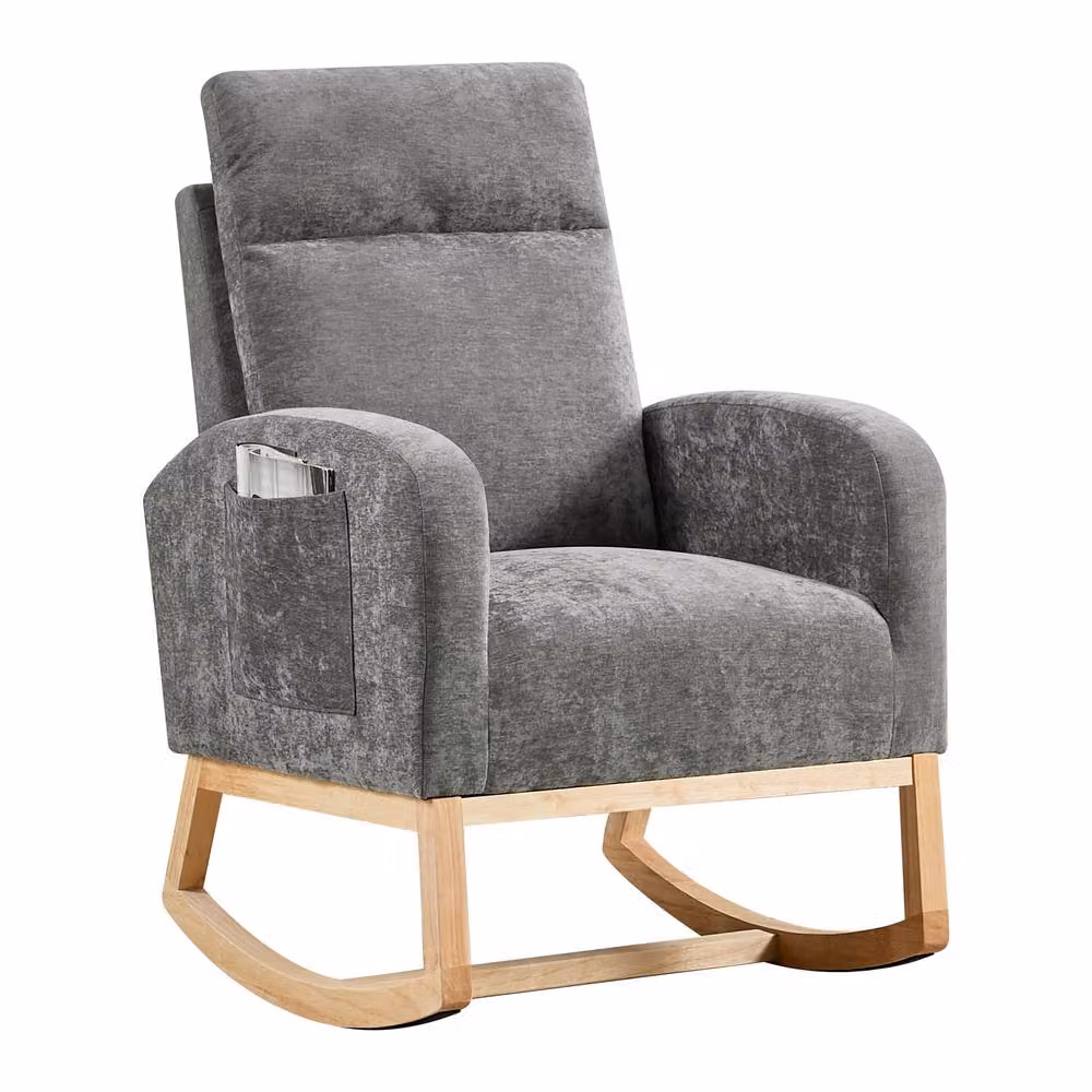 London Boutique Modern Rocking Glider Chair, Upholstered Grey Wingback Armchair with Side Pockets and Solid Rubberwood Frame – 2