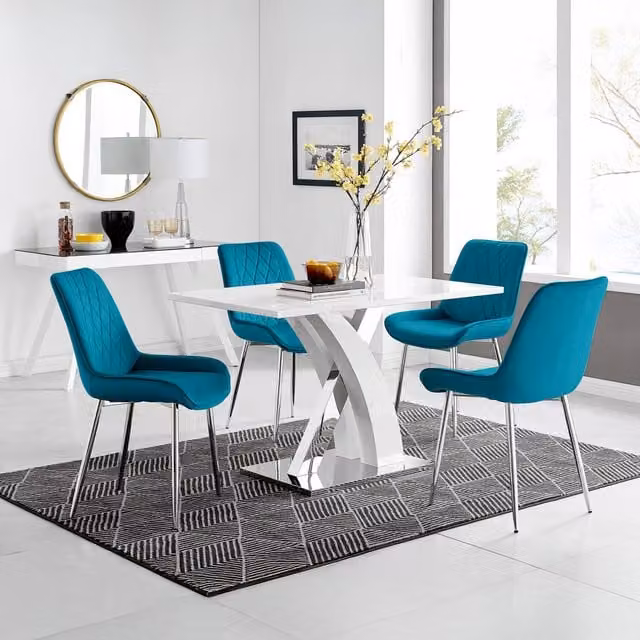 FurnitureboxUK Atlanta 4 White Rectangular Dining Table and 4 Pesaro Blue Chairs with Silver Legs