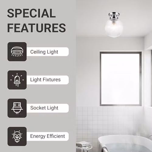 Cosylyte Finley Classic Ribbed Glass Flush Ceiling Light with Chrome Base, IP44 Rated, E27, Transparent – 4