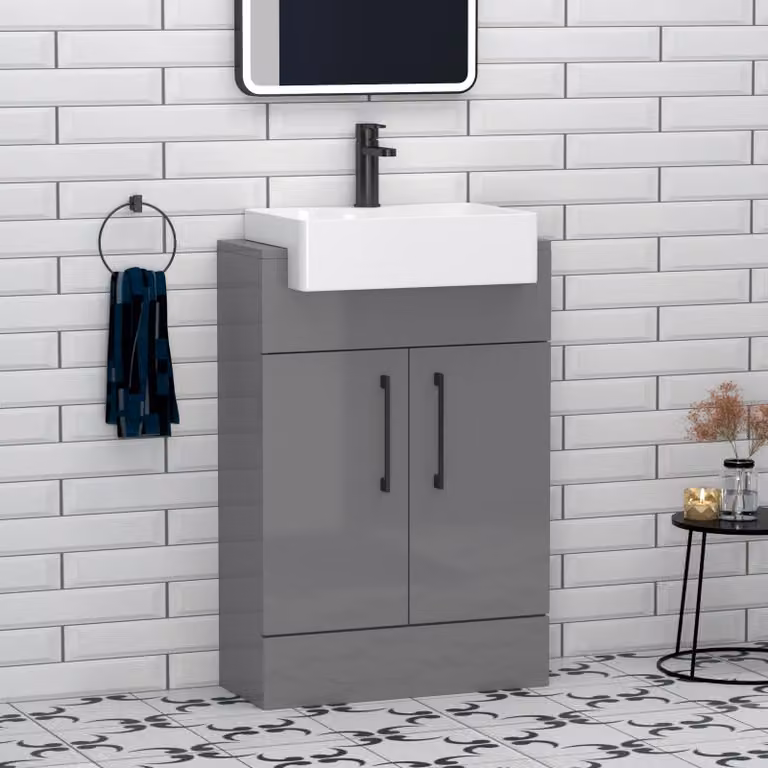 Royal Bathrooms Elena 600mm Indigo Grey Gloss Floor Standing Vanity Unit with 2 Doors, Black Handles and Semi Recessed Basin