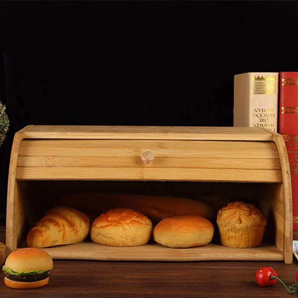 VOGREX Bamboo Roll Top Wooden Bread Bin in Natural Brown – 4