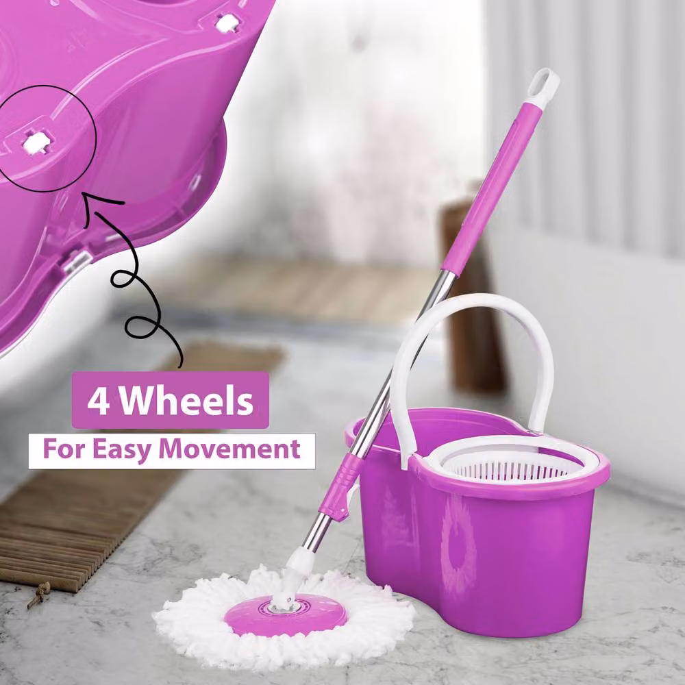 Crystals 360 Rotating Spin Mop and Bucket Set with 2 Microfibre Heads, Purple – 3
