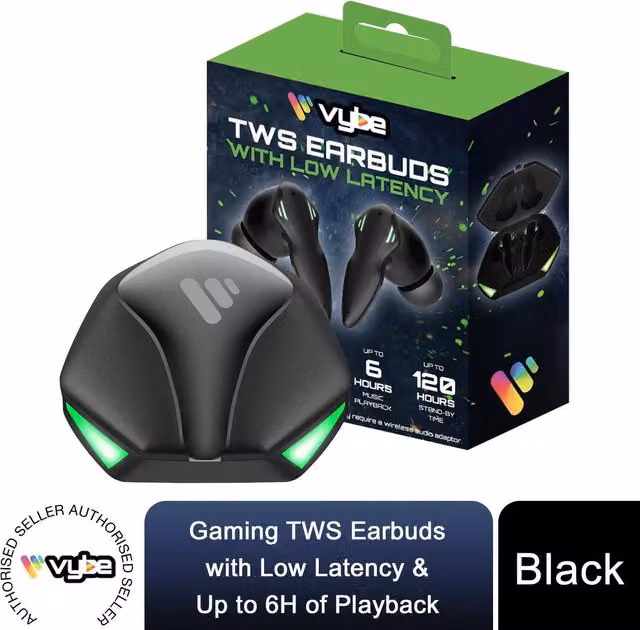 Vybe True Wireless TWS Earbuds with Low Latency and 6H Playback, Black