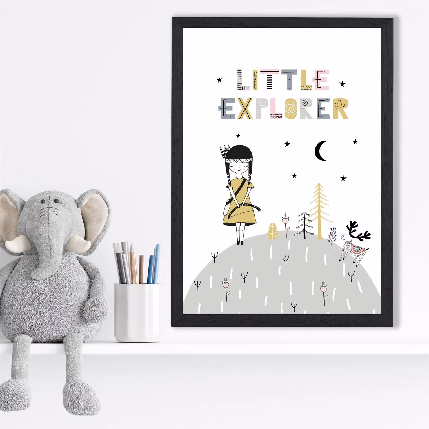 ARTZE Cute Little Explorer Scandi Quote Framed Print, Pink and Black, A2 – 2