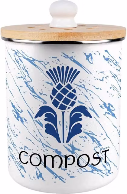 Purely Home Scottish Thistle Compost Caddy - Blue and White Metal Kitchen Food Waste Bin with Removable Inner Bucket and Odour Filter, 2L, W: 16.5 cm, D: 22.5 cm, H: 22.5 cm