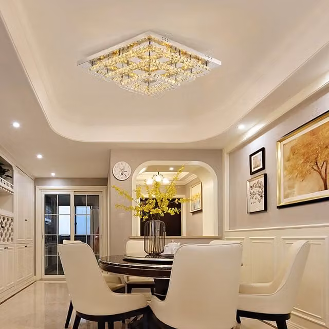 Livingandhome Crystal Square LED Ceiling Light in Silver and Chrome, 60 cm