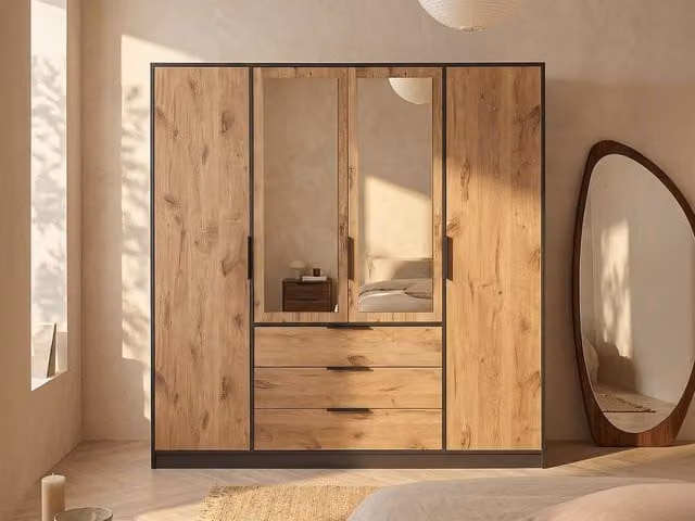 Vente-unique Black 4-Door Wardrobe with 3 Drawers and Mirrors, W: 196 cm, H: 200 cm, D: 58 cm