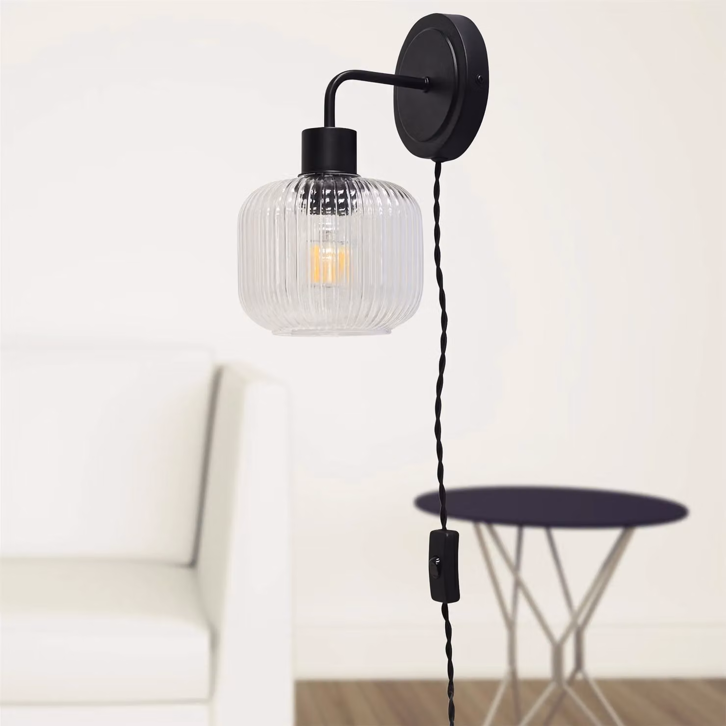 First Choice Lighting Toby Set of 2 Black Plug-in Wall Lights with Transparent Ribbed Glass Shades – 3