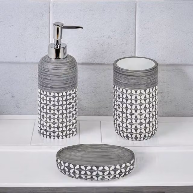 Showerdrape Ravello Geo Floral 3 Piece Ceramic Bathroom Accessory Set in Grey and White