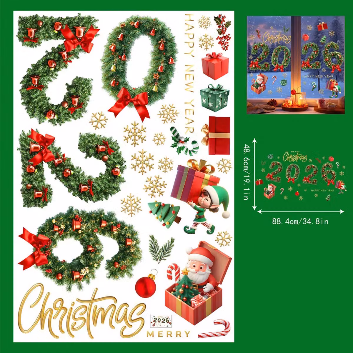 Leaper 2-Pack Christmas Pine Needle and Bells Electrostatic Window Clings in Green, Red and Multicolour – 2