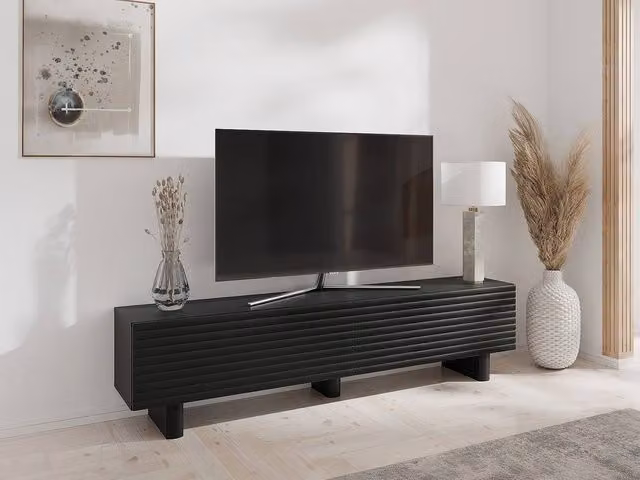 Vente-unique LUDIMA TV Unit with 2 Doors in Black MDF, W: 180 cm, H: 46.1 cm, D: 36.8 cm – 1