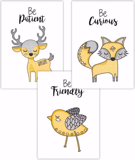 ARTZE Set of 3 Scandi Nursery Fox Animal and Typography Paper Posters in Yellow and Grey, W: 50 cm x H: 70 cm